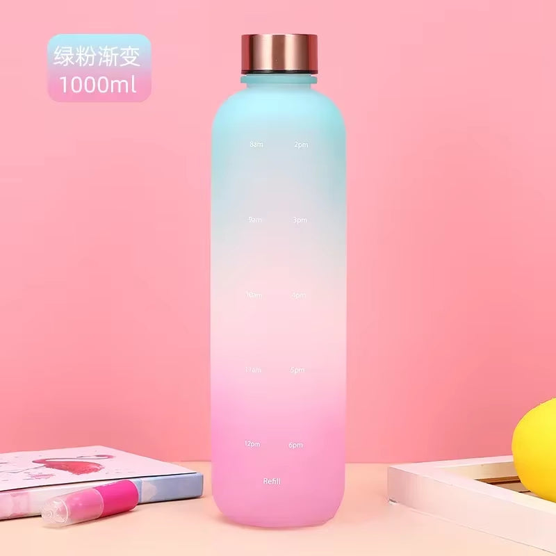 New 1L Water Bottle with Time Stamp BPA Free Reusable Fitness Sports Outdoor Travel Leakproof Water Cup Frosted Kettle