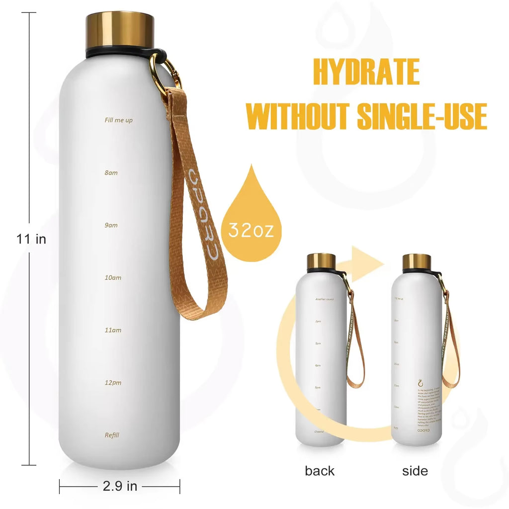 New 1L Water Bottle with Time Stamp BPA Free Reusable Fitness Sports Outdoor Travel Leakproof Water Cup Frosted Kettle