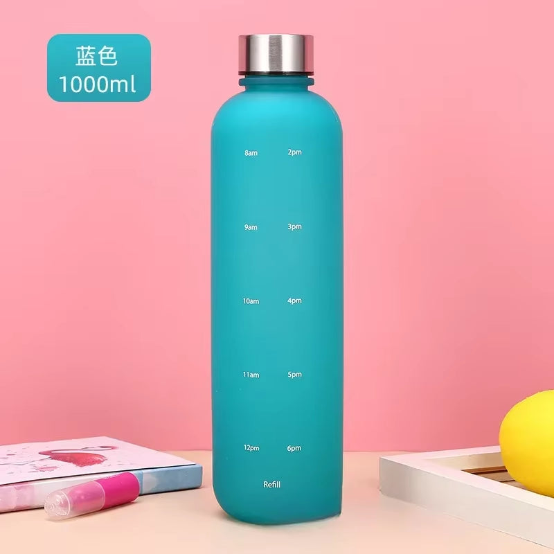 New 1L Water Bottle with Time Stamp BPA Free Reusable Fitness Sports Outdoor Travel Leakproof Water Cup Frosted Kettle