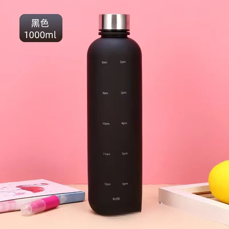 New 1L Water Bottle with Time Stamp BPA Free Reusable Fitness Sports Outdoor Travel Leakproof Water Cup Frosted Kettle