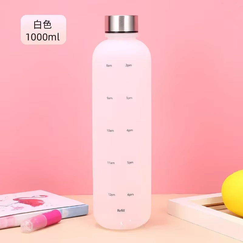 New 1L Water Bottle with Time Stamp BPA Free Reusable Fitness Sports Outdoor Travel Leakproof Water Cup Frosted Kettle